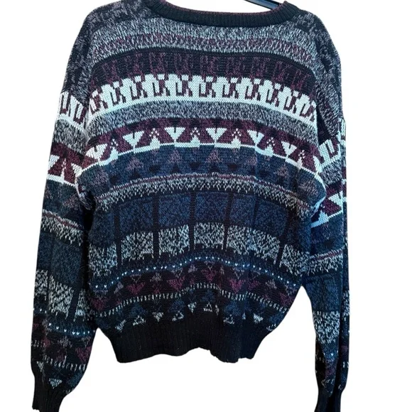 90s Campus Sweater Bold Blue, Black and Burgundy Crew Neck Vintage - Picture 2 of 10